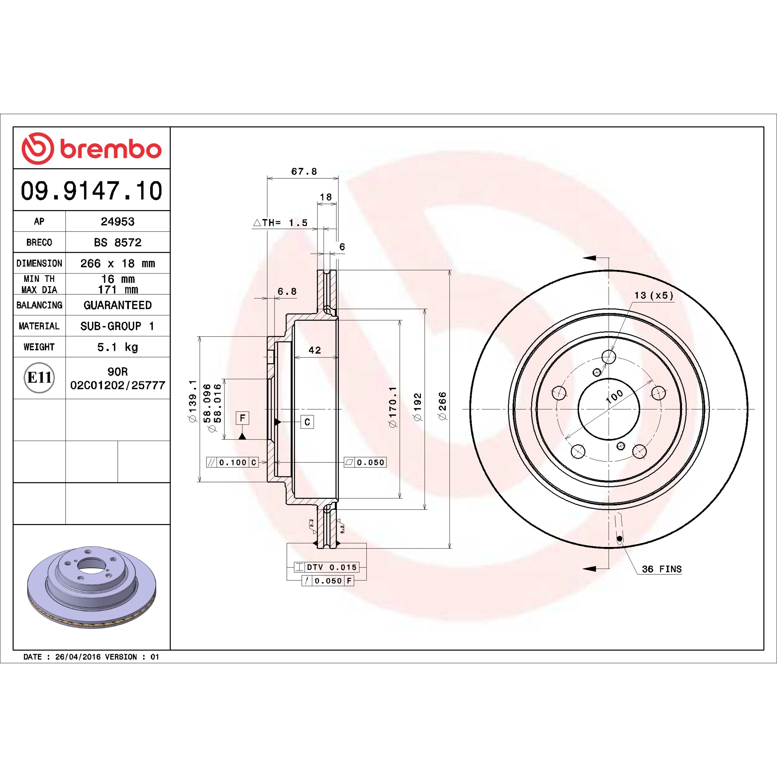Brembo Rear Vented Brake Rotor 09.9147.10 - 4
