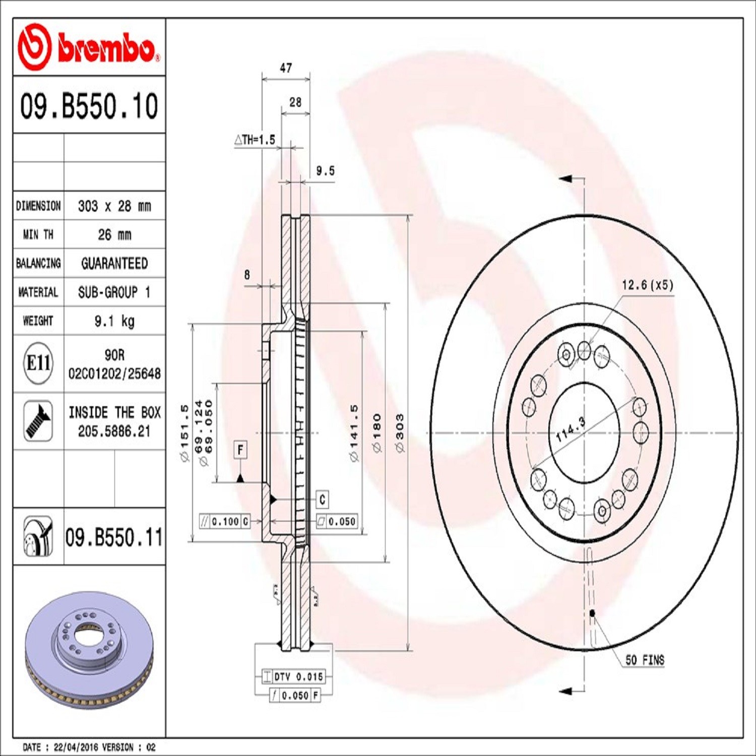 Brembo Front Vented Brake Rotor 09.B550.11 - 4