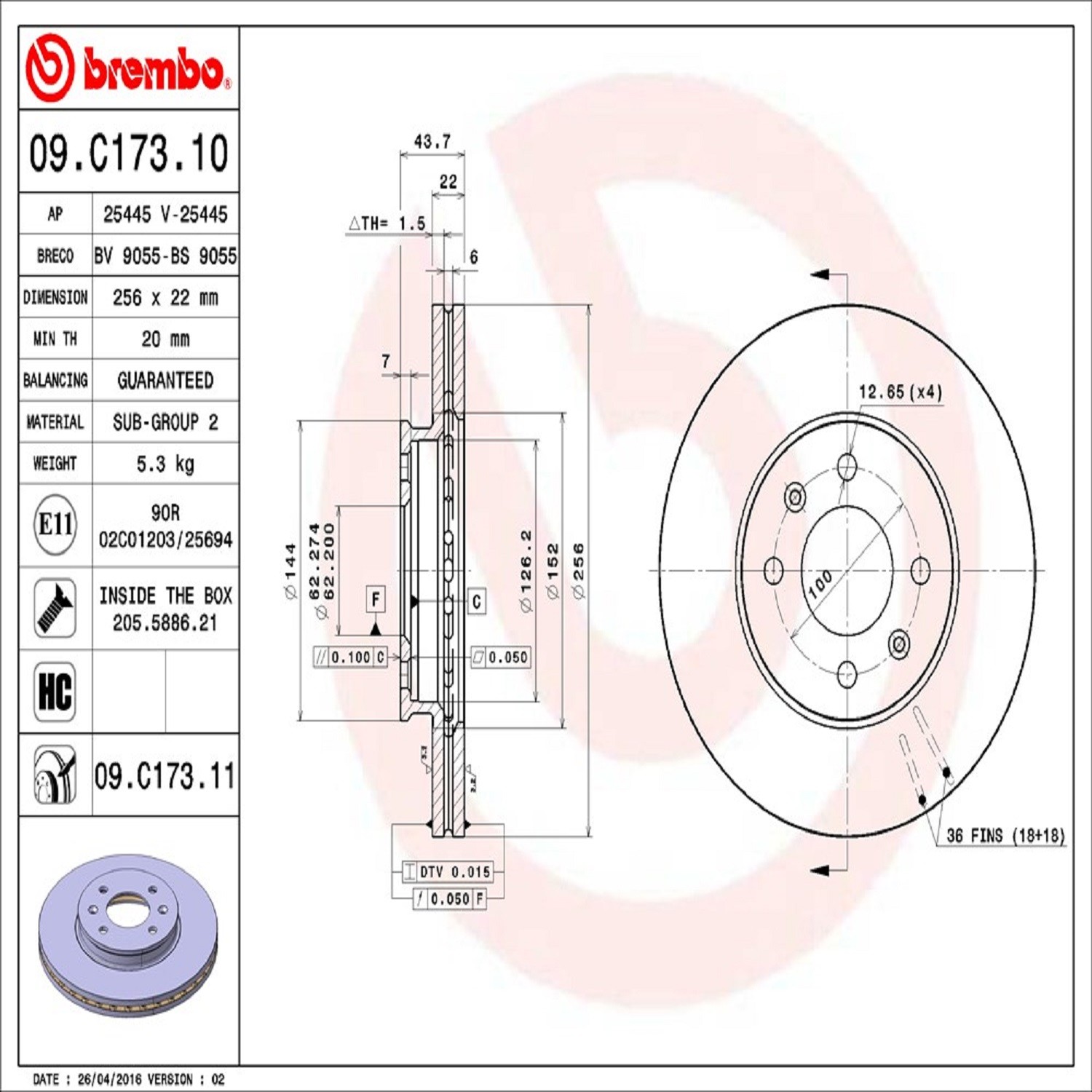 Brembo Front Vented Brake Rotor 09.C173.11 - 4