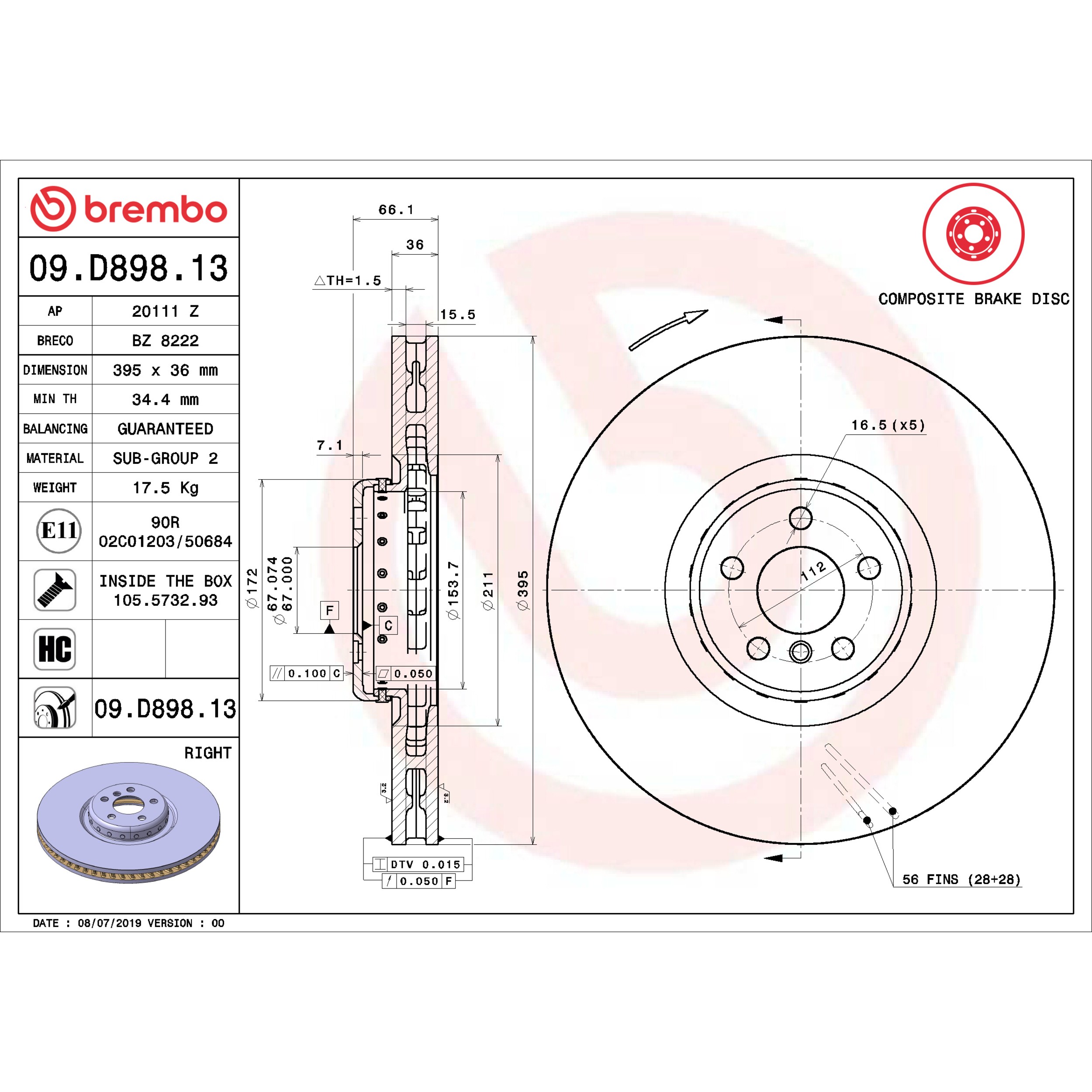 Brembo Front Right Vented Brake Rotor 09.D898.13 - 5